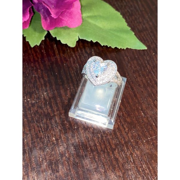 Sliver CZ Layered Heart Engagement Ring - Picture 3 of 6